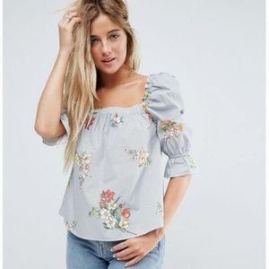 Asos Cotton Puff Sleeve Top In Stripe Floral  6